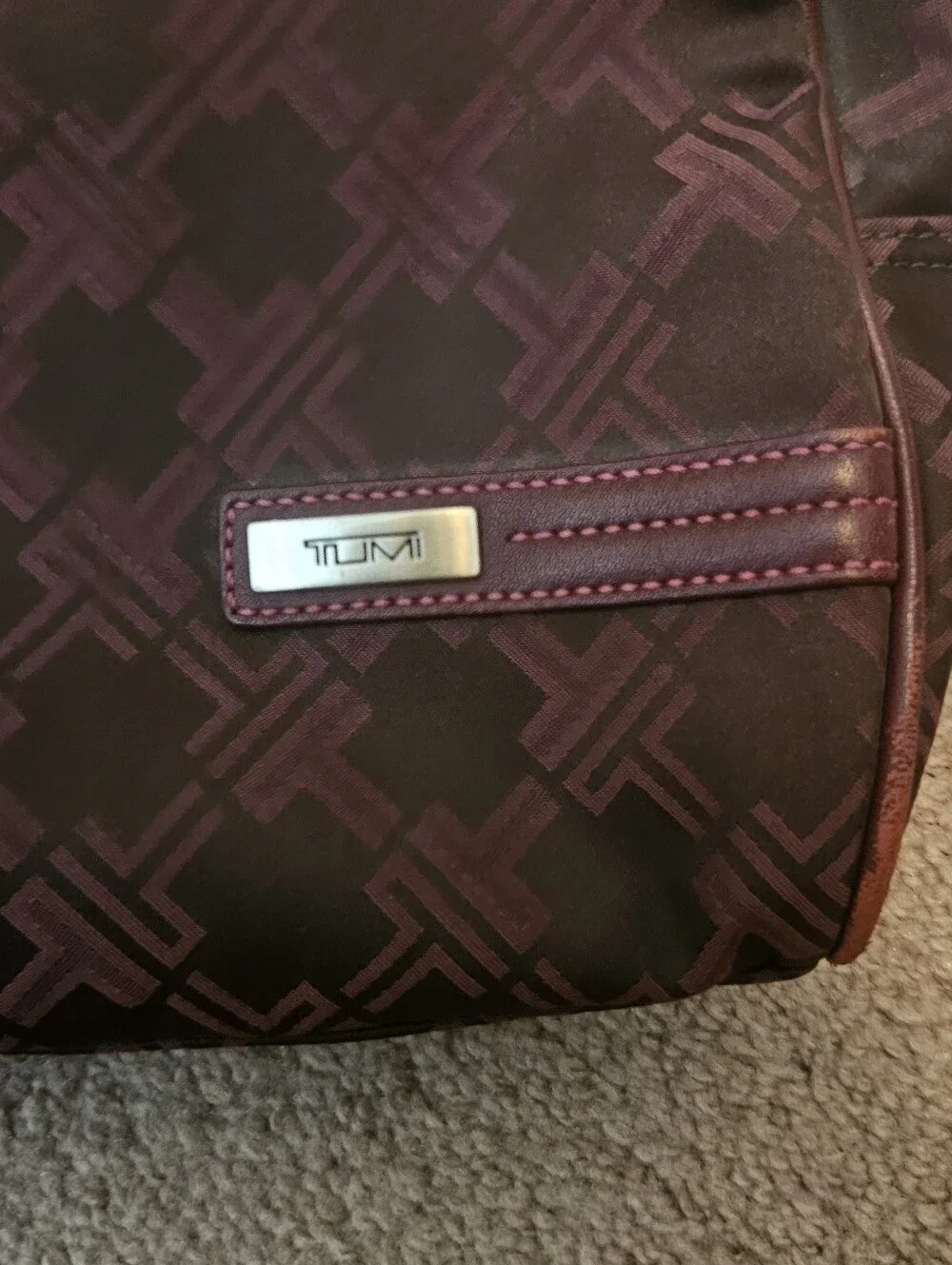 Tumi Signature Monogram laptop tablet tote bag maroon pink lining